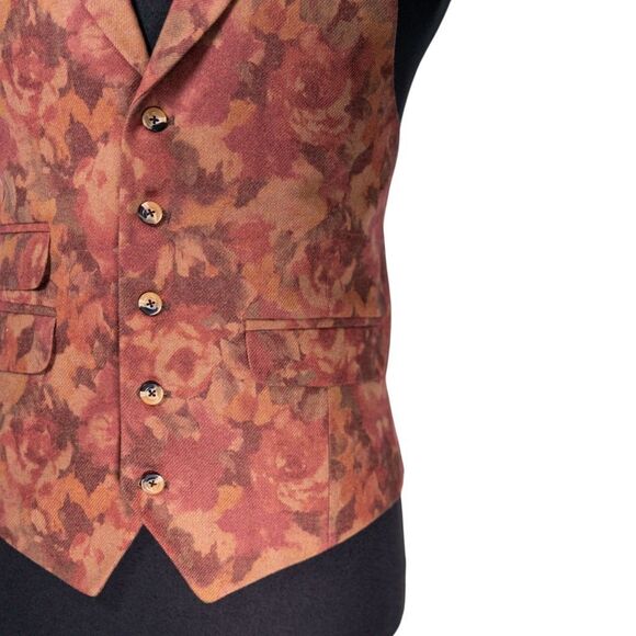 Mens Floral Vest 42R Rust Red Orange Lambswool Waistcoat Formal Wedding Party - Picture 6 of 10